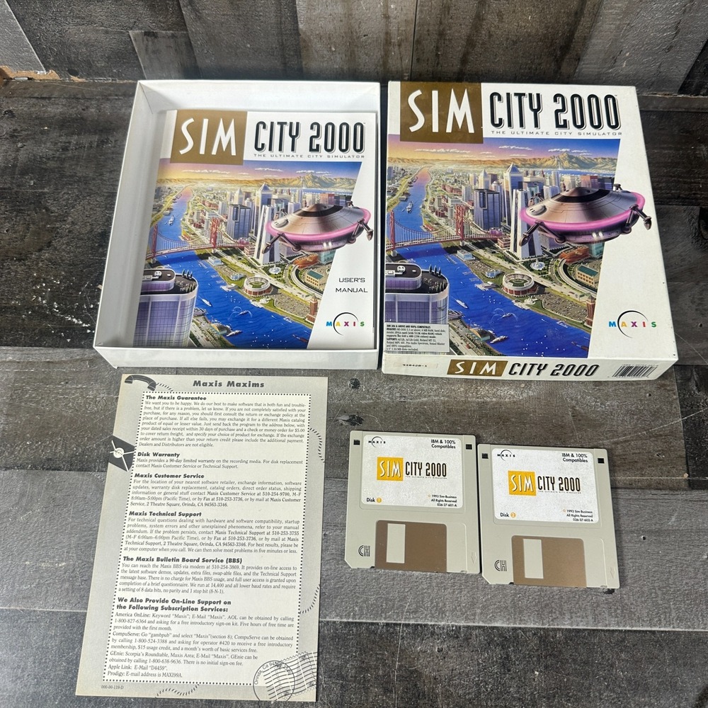 Sim City 2000 Big Box IBM Windows PC Game CD & 3.5" Floppy 1993 Software